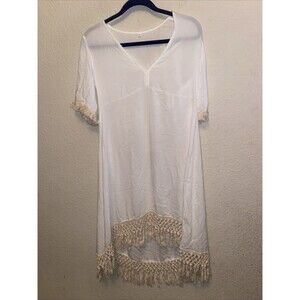 Sheer White Maxi Dress White Cover-Up 3/4 Sleeves Beach Fringe S Boho Hippie